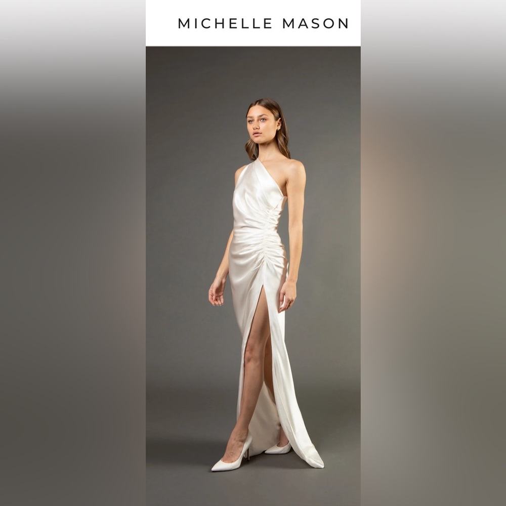 Michelle Mason Asymmetrical Gathered Gown-Ivory
